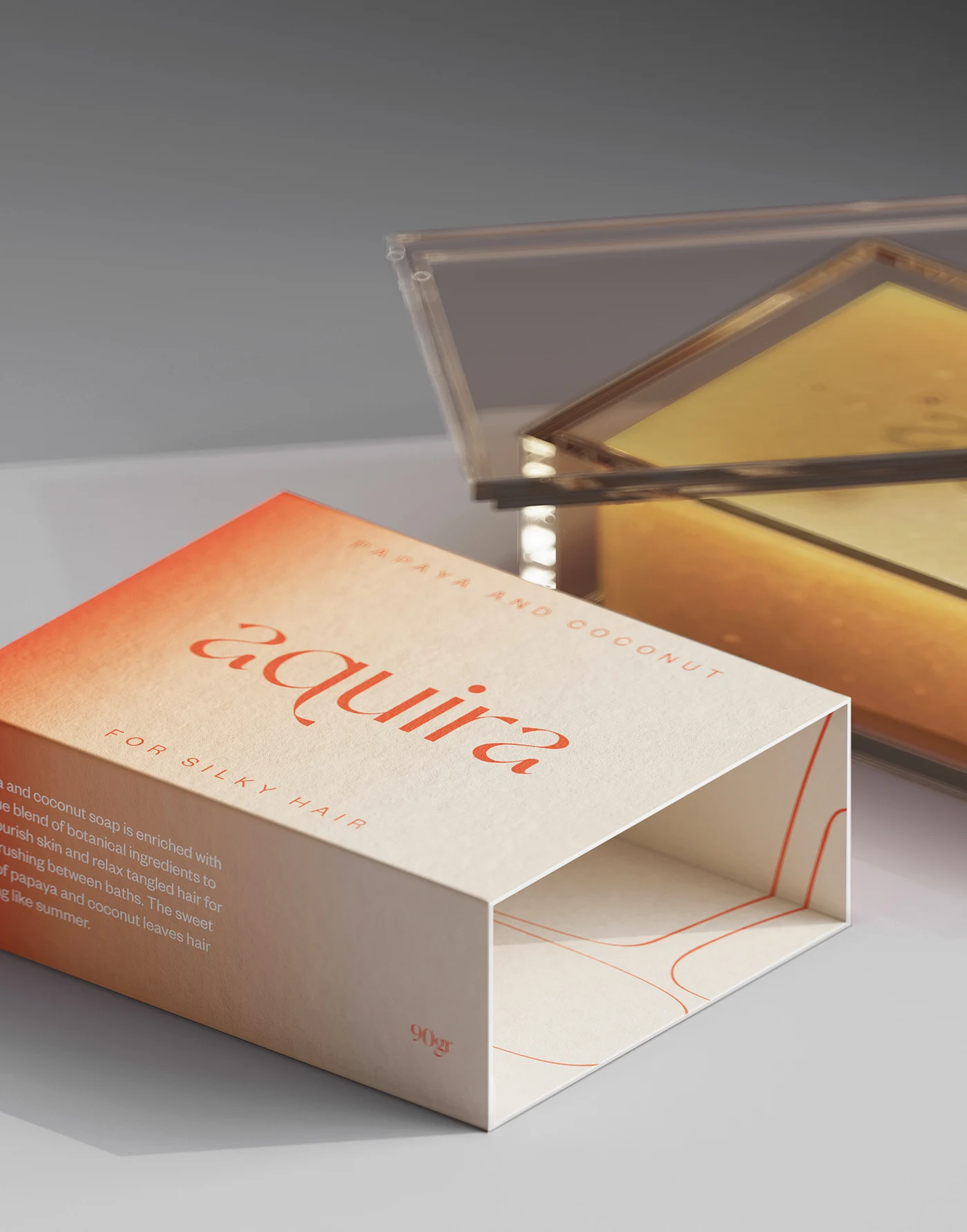 Close-up of the Aquira soap packaging revealing the meticulous details in the design.
