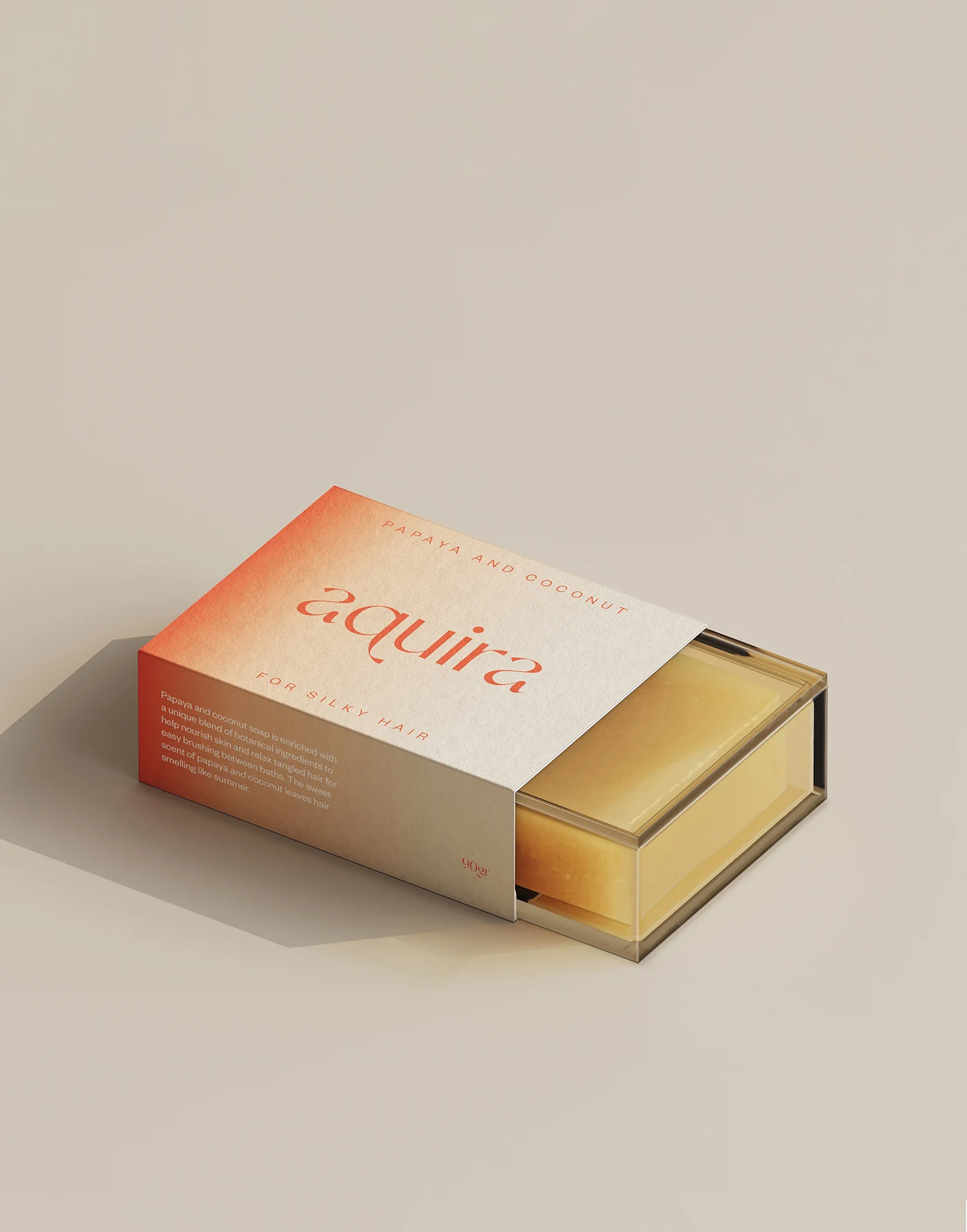 Close-up of the Aquira soap packaging revealing the meticulous details in the design.
